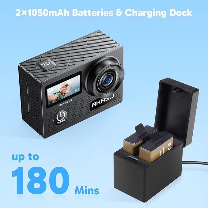 AKASO Brave 4 4K30fps 20MP WiFi Action Camera Ultra Hd with EIS 131ft Waterproof Camera Remote Control 5xZoom Underwater Camcorder with 2 Batteries and Bicycle Helmet Accessories Kit