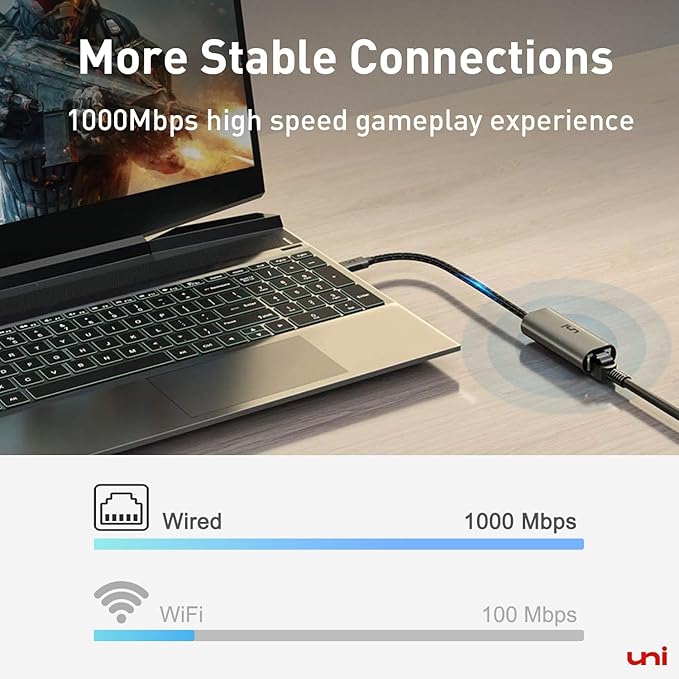 uni USB C to Ethernet Adapter, Driver Free RJ45 to USB C [Thunderbolt 3/4 Compatible], 1Gbps Type-C Gigabit Ethernet LAN Network Adapter for MacBook Pro/Air, iPhone 15 Pro/Max, Dell XPS, Galaxy S8-S24