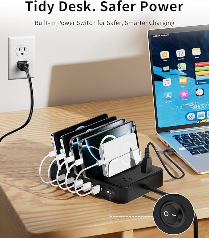 85W Charging Station for Multiple Devices, 7-in-1 Power Strip with 2 AC, 2 USB C, 3 USB A, USB C Charging Hub for MacBook, iPhone, Android & More, USB Desk Charger, Black