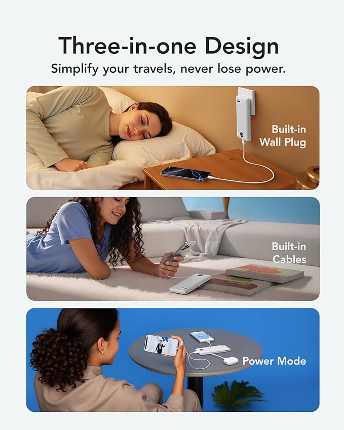 VRURC Portable Charger 10000mAh, Slim Portable Charger with Wall Plug, 22.5W USB Port Fast Charging Power Bank with Cables, 4 Outputs 2 Inputs Travel Essentials Battery for Smartphones-White (1 Pack)