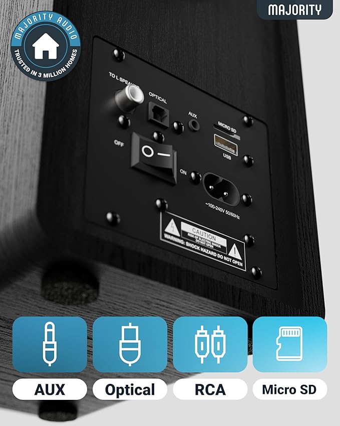 Majority D40 Active Bookshelf Speakers | Powered Stereo Studio Speakers | Powerful Amplified 2.0 Channel Sound | Bluetooth, Optical, RCA, USB & Aux Playback | Digital Controls | HiFi Speakers