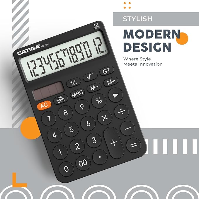 CATIGA 12 Digit Desktop Calculator with Large LCD Display, 4 Funtions Calculator, Round Design Big Button, Solar and Battery Dual Power, Standard Function for Office, Home, School, SD-1292