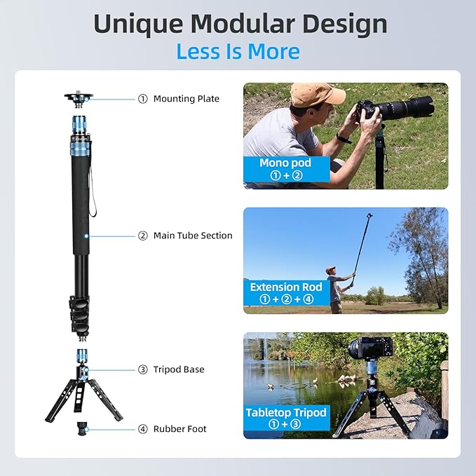 SIRUI AM-404FL Camera Monopod with Feet, 74.8 Inch Aluminum Video Monopod with Removable Base, Slim and Lightweight, Max Load 26.4lbs, 360°Panorama Panning, 4-Section for Canon Nikon Sony