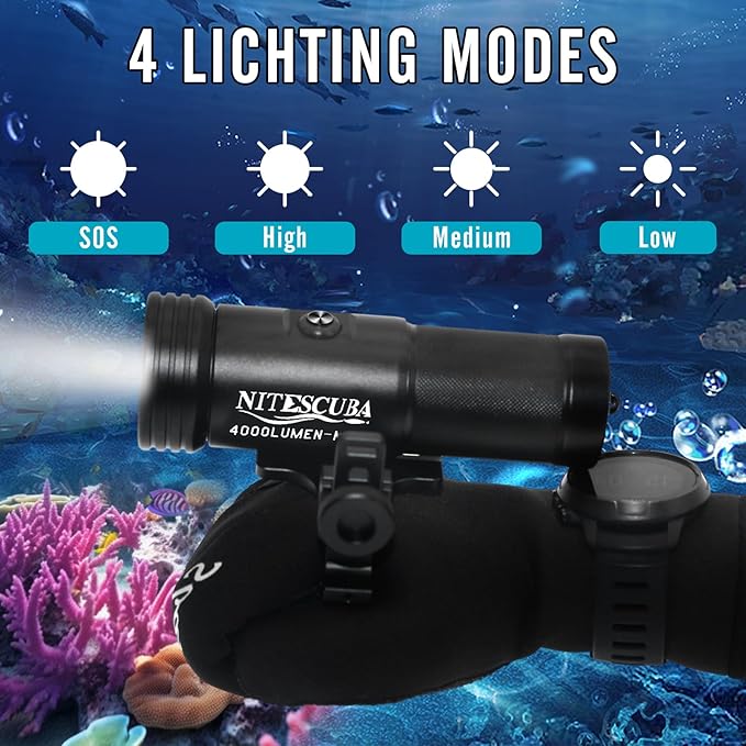 Scuba Diving Flashlights 4000 Lumen IP68 Waterproof Underwater Light for 100m/330ft CRI=90 Underwater Photography with Adjustable Handle