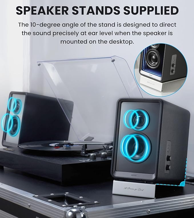 Edifier QR65 Desktop Active Monitor with 2.75" Long-Throw Aluminum Diaphragm mid-Low Drivers, Hi-Res Audio, Brilliant Light Effects, 70W Output Power Bluetooth Speakers with Stands - Black