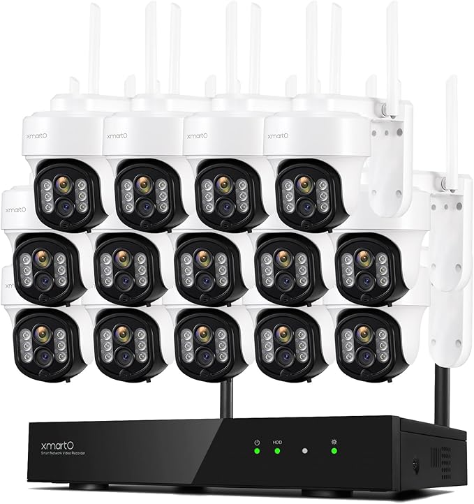 xmartO 16CH 14-Camera WiFi6 Security Camera System Wireless Outdoor/Indoor, 10CH 4K NVR with 4X 2K HD Dual Lens Cameras with Auto Tracking, 1TB HDD (Plug-in 24/7 Surveillance, Long Range WiFi)