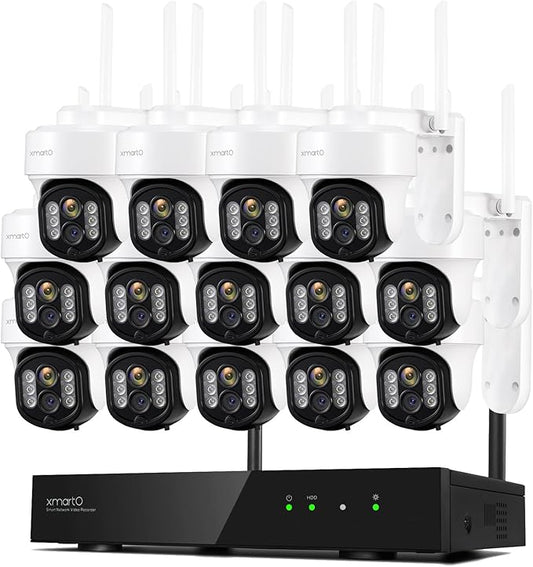 xmartO 16CH 14-Camera WiFi6 Security Camera System Wireless Outdoor/Indoor, 10CH 4K NVR with 4X 2K HD Dual Lens Cameras with Auto Tracking, 1TB HDD (Plug-in 24/7 Surveillance, Long Range WiFi)