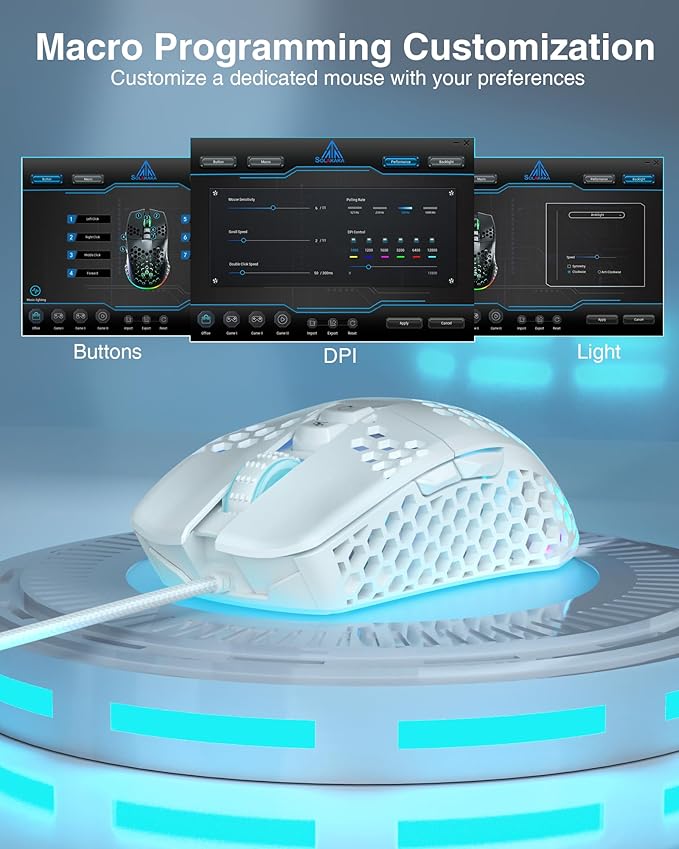 SM900 White Wired Gaming Mouse with Honeycomb Shell,12800 DPI,7 Programmable Buttons,Lightweight Gaming Mice Ergonomic Computer Wired Mouse Gaming for Win/PC/Mac/Laptop Gamer