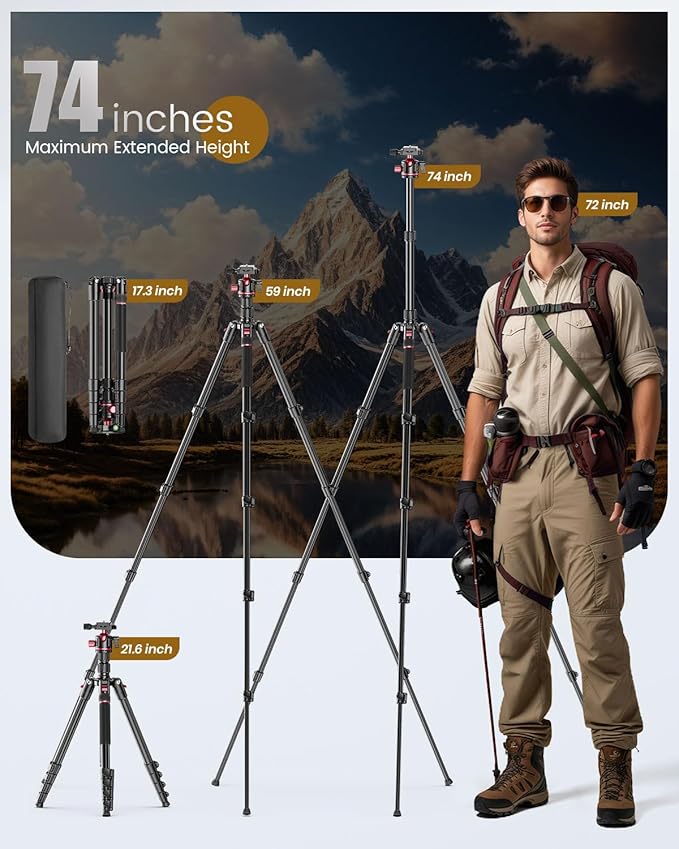 74-inch-Professional-Camera-Photography-Tripod, Ball Head Aluminum DSLR/SLR Tripod & Monopod with Carry Bag Compatible with Canon Nikon Binoculars Laser Telescope (Weight 3 Lbs, 13Lbs Load)