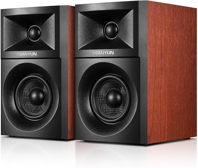 Sanyun SW203 4.0 Computer Speakers - 60W 4-Way DSP Control 3D Immersive Sound - 3" Carbon Fiber Woofer & 20mm Silk Dome Tweeter - 24bit DAC USB/Bluetooth 5.4/AUX - Studio-Grade Audio (Pair, Red)
