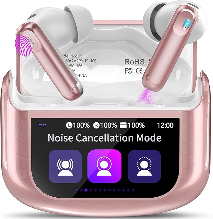 Wireless Earbuds, Bluetooth 5.4 Ear Buds with Multifunctional Touch Screen, 48H Bass Stereo Headphones with ANC/ENC Noise Cancelling/Transparency Mode, IPX7 Earphones with 5 EQ Modes, Rose