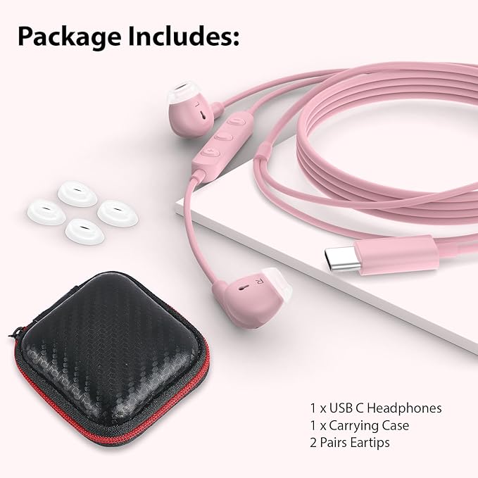 USB C Earbuds USB Type-C Headphones for iPad 10th Generation iPhone 17 Air 16 15 Pro Max Samsung S21 Wired Headphone Earphones with Microphone Volume Control Noise Isolating HiFi Stereo Headset Pink