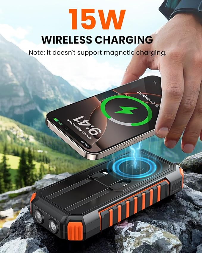 Riapow Solar Charger Power Bank: 27000mAh Wireless Portable Charger Built-in Cables - 22.5W Fast Charging Battery Bank with USB C - PD QC3.0 External Battery Pack for Phone - 2 Flashlights for Outdoor