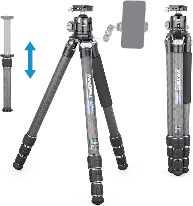 Carbon Fiber Tripod INNOREL KT324C Professional Portable Compact Travel Tripod for DSLR Camera Heavy Duty Stand Support 1.28in/32.5mm Tube with Low Gravity Center Panoramic Ball Head Center Column