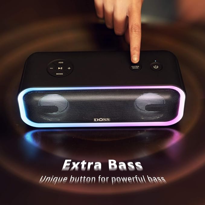 DOSS SoundBox Pro+ Bluetooth Speaker with 24W Impressive Sound, Extra Bass, IPX6 Waterproof, 15H Playtime, Wireless Stereo Pairing, Multi-Colors Light, Portable for Outdoor, Home, Party, Beach