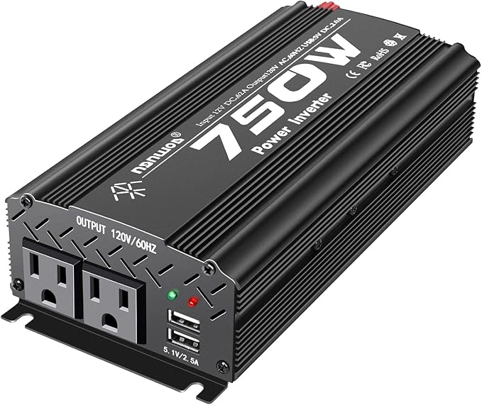750W Black Car Power Inverter, 12V to 110V/120V, 2 AC Outlets, 2 USB Ports, Battery Clamps, Ideal for Vehicles, Trucks, Camping
