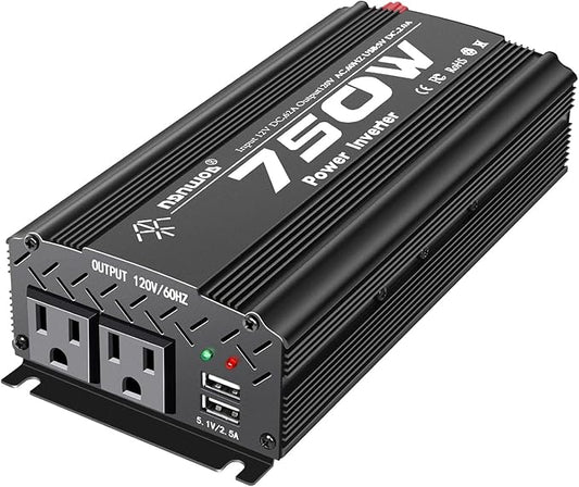 750W Black Car Power Inverter, 12V to 110V/120V, 2 AC Outlets, 2 USB Ports, Battery Clamps, Ideal for Vehicles, Trucks, Camping