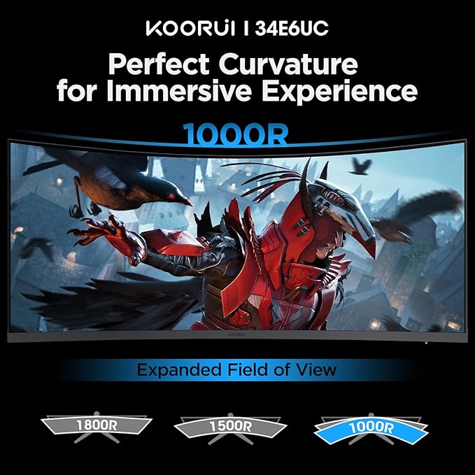 KOORUI 34-inch Ultrawide Curved WQHD 3440×1440 Gaming Monitor, 165Hz 144Hz Curved 1000R- PIP/PBP, 1ms(MPRT) with DisplayHDR 400, FreeSync Premium, 75 * 75mm VESA, HDMI/DisplayPort, 34E6UC