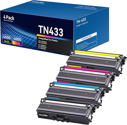 TN433 Toner Cartridge Set for Brother MFC L8900CDW HL-L8360CDW Compatible for Brother TN433 TN431 Toner Cartridge 4-Color High Yield for HL-L8260CDW HL-L8360CDWT MFC-L8610CDW, TN-433 TN433BK/C/M/Y