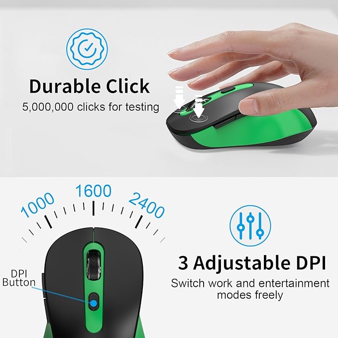 Wireless Mouse for Laptop, PC, Chromebook, Mac, MacBook, Silent Wireless Mouse with USB Nano Receiver, Side Button, 2400 DPI, Anti Slip Roller, 6 Button Ergonomics Cordless Computer Mice - Black Green