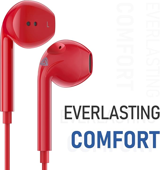 LUDOS Zenith Wired Earbuds in-Ear Headphones, 2 Years Warranty, Earphones with Microphone, Corded for 3.5mm Jack Ear Buds for iPhone, Samsung, Computer, Laptop, Kids, School Students, Woman - Red