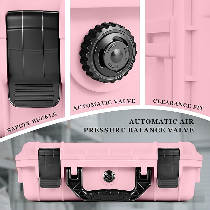 14.3 x 11.4 x 4.5 Inch Waterproof Hard Case with DIY Customizable Foam Insert Portable Protective Case with Knife for Camera Drones Equipments Tools Test Instruments (Pink)