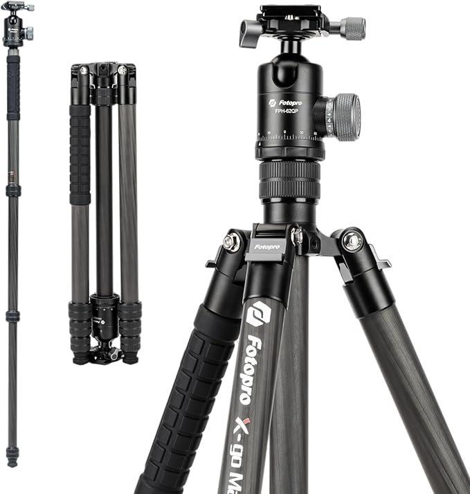 Fotopro 68" Carbon Fiber Tripod for Camera Compact Travel Tripod with Ball Head, Detachable Monopod with Quick Release Plate and Carry Bag Load up to 26lbs/12KG X-go Max E2 Black