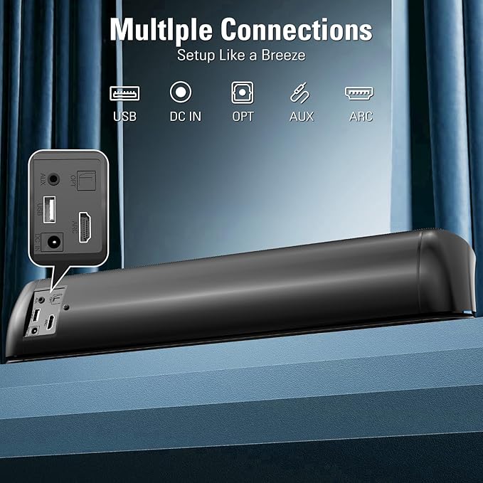 2.1ch Small Sound Bar for TV, Soundbar with Bluetooth/ARC/Opt/AUX Connect, Auto Volume Boost, 3 Equalizer Modes, 2 in 1 Detachable Soundbar for TV/PC/Gaming/Projectors