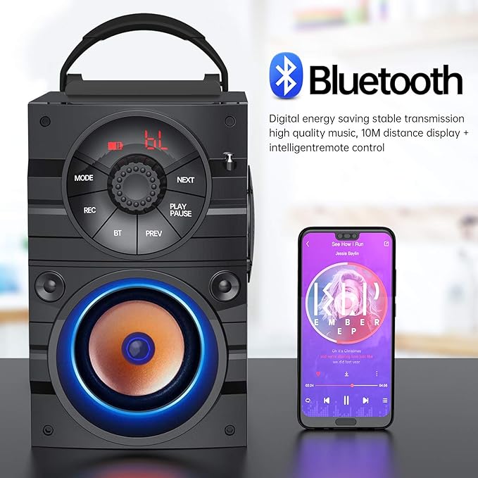 Portable Big Bluetooth Speakers with Light, Wireless with Subwoofer, FM Radio, LED Lights, EQ, Booming Bass, Bluetooth 4.2 Stereo Loud Outdoor/Indoor Retro , for Home, Camping, Travel