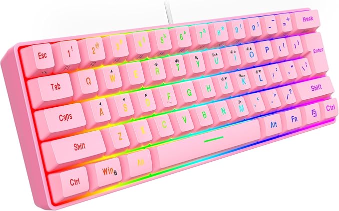 Snpurdiri 60% Wired Gaming Keyboard, 61 Keys RGB Backlit Ultra-Compact Mini Gaming Keyboard for PC/Mac Gamer, Typist, Travel, Easy to Carry on Business Trip(Pink)