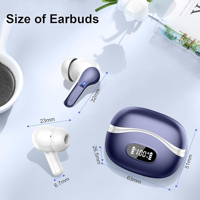 Wireless Earbuds, Bluetooth Headphones 5.4 HiFi Stereo, Ear Buds with 4 ENC Noise Cancelling Mics, 48H Bluetooth Earbuds with Dual LED Display, IP7 Waterproof in Ear Earphones for Android iOS, Blue