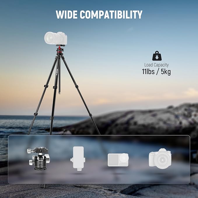 NEEWER Basics Travel Tripod for Camera, Compact Lightweight Portable DSLR Cam Stand with Ball Head, Arca Type QR Plate, Cell Phone Holder Compatible with iPhone Video Recording, Max Load 11 lbs, TP12