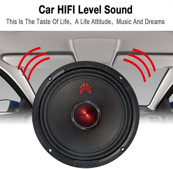 MX80E2 Midrange Loudspeaker 8" Red Bullet, 640W Max, 4 Ohms, Premium Quality Audio Door Speakers for Car or Truck Stereo Sound System, Black (2 Speaker)