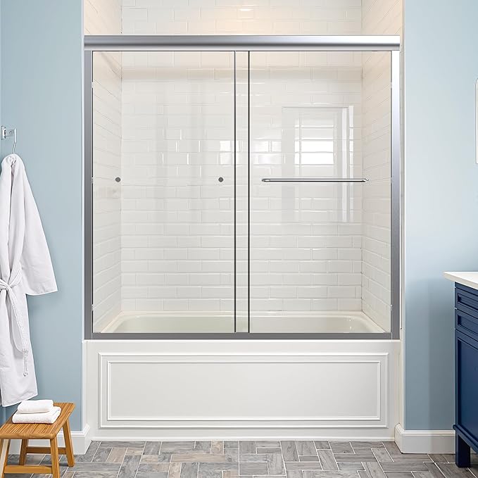 56-60" W x 58" H Bathtub Door Bathroom Tub Shower Door 1/4"(6mm) Thick Tempered Glass Shower Door with Stainless Steel Handle for Bathtub, Brushed Silver