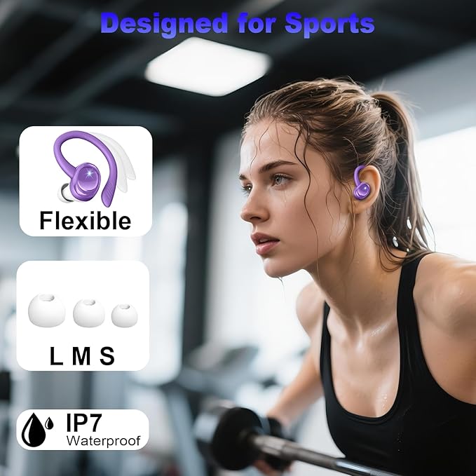 Wireless Earbuds Sport, 2025 Bluetooth 5.4 Headphones with Earhooks, 50H Stereo Deep Bass Over Ear Buds with 4 ENC Noise Canceling Mics, IP7 Waterproof Earphones for Running Workout Gym -Purple