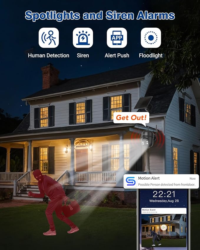 Septekon 2K Solar Security Cameras Wireless Outdoor 2 Pack, 360°PTZ Battery Powered Outdoor Camera, 2.4G WiFi Camera with Spotlight Color Night Vision, Motion Sensor Alarm, IP66, Black