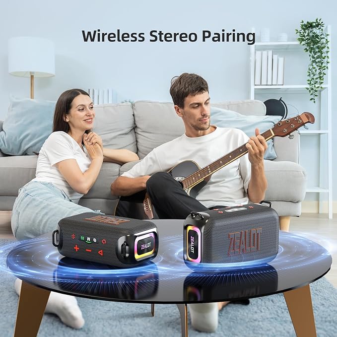 ZEALOT Bluetooth Speaker, 60W(Peak) Speaker Bluetooth Wireless, Portable Outdoor Speakers IPX6 Waterproof, Stereo Loud Sound with Deep Bass,Dual Pair/BT5.3/EQ/TF/AUX, for Pool/Party/Travel
