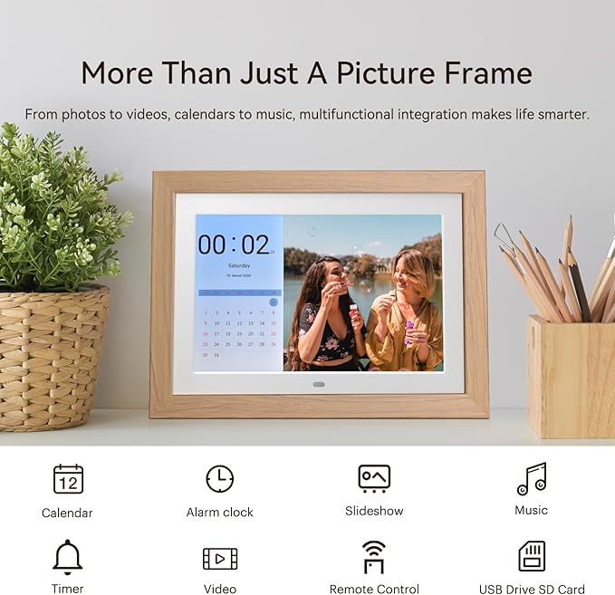 10.1" Digital Picture Frame with Remote Control, 1280 * 800 IPS Full View Ultra Clear Screen, Removable Wooden Frame, Share Videos Photos Send Wishes Auto-Rotate Slideshow Non-WiFi