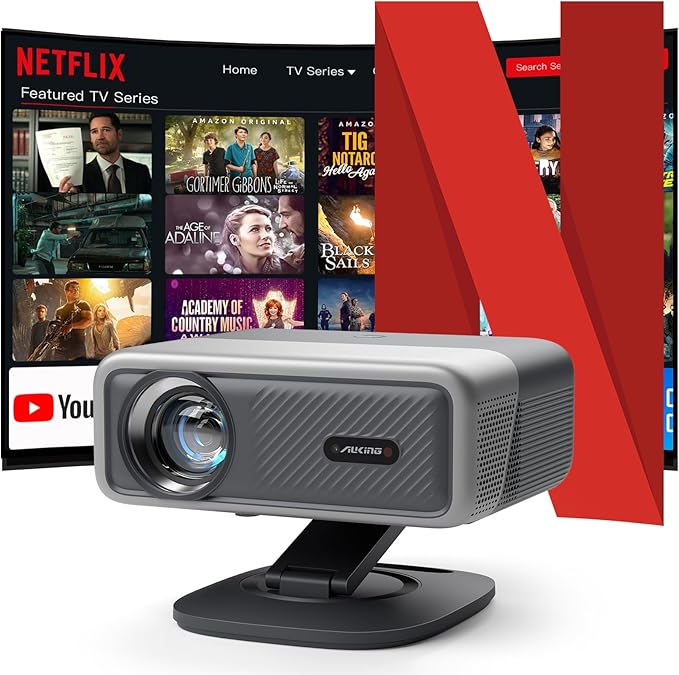 [Netflix Officially&AI Auto Focus]AuKing Smart Projector with Wifi,Bluetooth,Auto Focus&Keystone Projector,3DDoIby Audio, Native 1080P Outdoor Projector with Omnidirectional Rotating Stand Grey