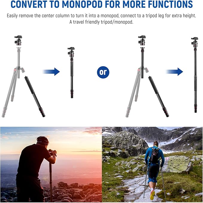NEEWER Upgraded 80.7" Carbon Fiber Camera Tripod Monopod with Telescopic 2 Section Center Axes, 360° Panorama Ballhead, 1/4" Arca Type QR Plate, Travel Tripod with ø28mm Column, Max Load 26.5lb, N55CR