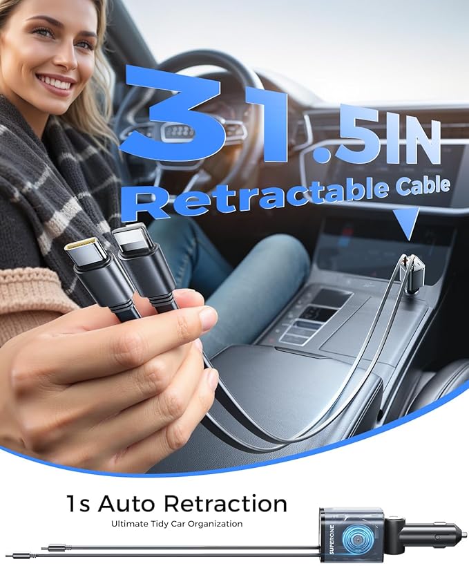Upgraded SUPERONE Retractable Car Charger, [Ultra-Compact] 5-Port Car Charger USB C, iPhone Car Chargers Fast Charging with Dual Cable, Car Accessories Adapter for iPhone 17/16/15/14/13, Galaxy, Pixel