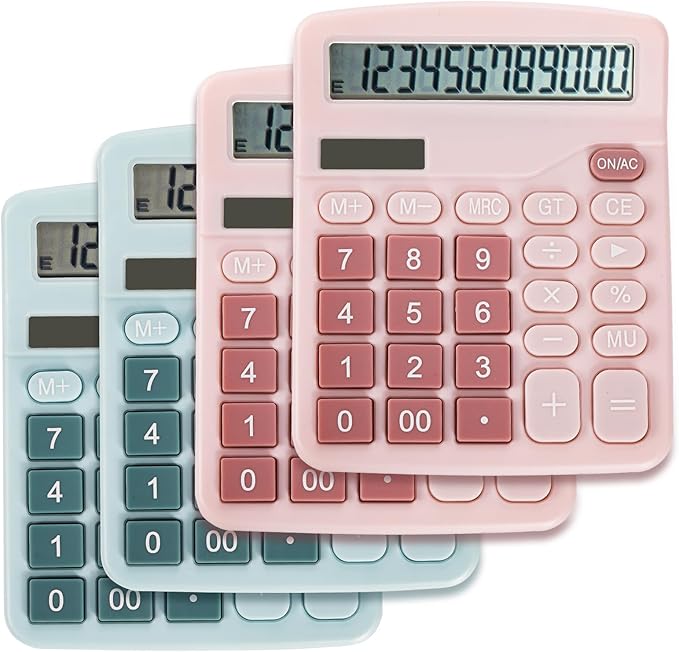 4 Pack Handheld Desktop Calculators, Solar Battery Dual Power Basic Calculator 12 Digit Large Display, Standard Functional Desk Calculator Big Sensitive Button for Office Home School Pink Blue