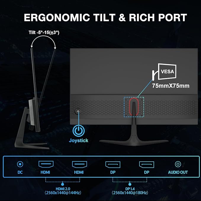 27 inch 1440P Gaming Monitor, 180Hz/144Hz Fast IPS 2K Computer Monitor with Speaker, Free-Sync & G-SYNC, 125% sRGB, HDR10, HDMI x2, DisplayPort x2, Compatible with Switch/Xbox/PS5, VESA Mountable