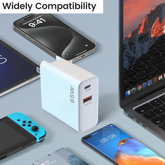 PD 65W USB C Super Fast Charger Compatible with Oculus Quest 3s, Quest 3 - Dual Port USB + Type C Adapter with 6.6ft C to C Charging Cable for Meta Quest 2 and Pico 4 Ultra VR Headsets