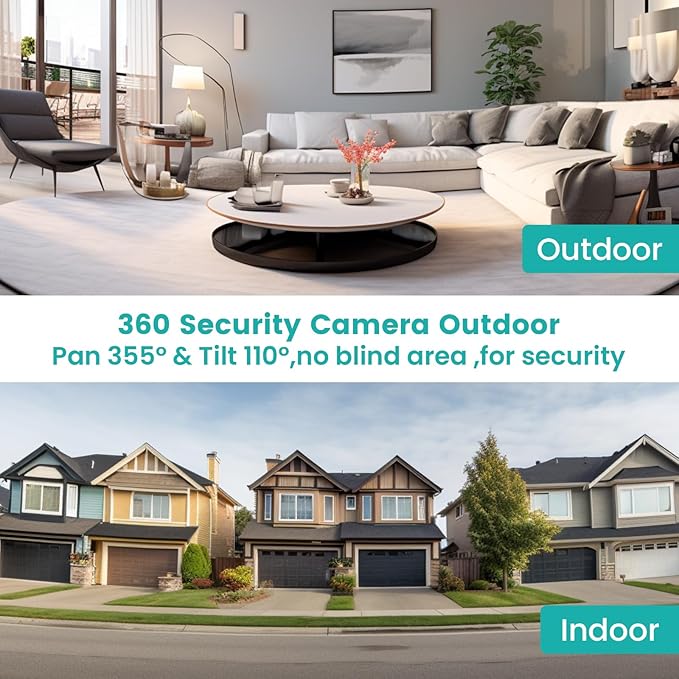 Security Cameras for Home Security, 2K Dual Lens Wireless Indoor/Outdoor Cameras, Motion Detection and Alarm, Two-Way Talk, Night Vision, All-Round Monitoring.