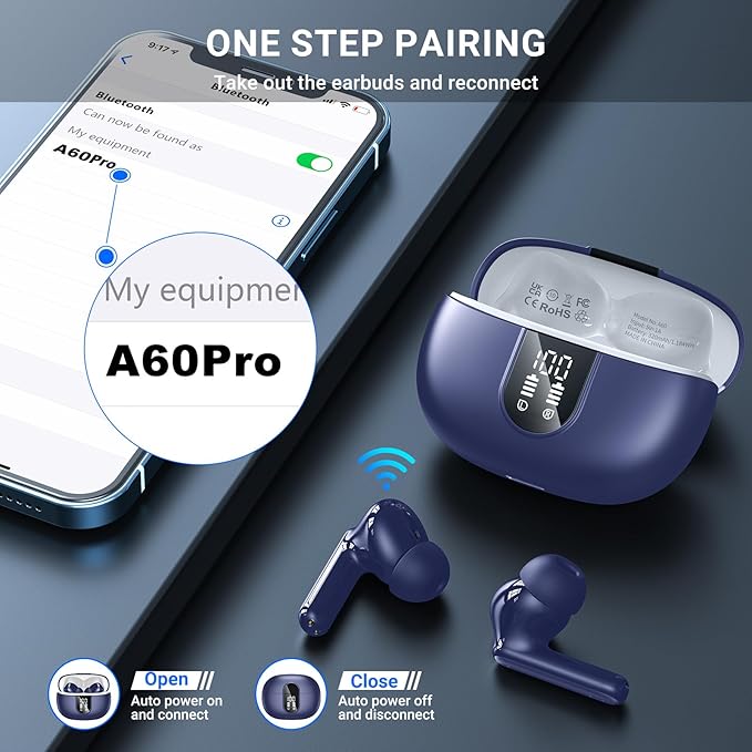 Wireless Earbuds, 2025 Wireless Headphones HiFi Stereo Earphones with 4 ENC Noise Canceling Mic, 42Hs Playtime In Ear Earbud, Bluetooth 5.3 Sport Earphones with LED Power Display for Android iOS