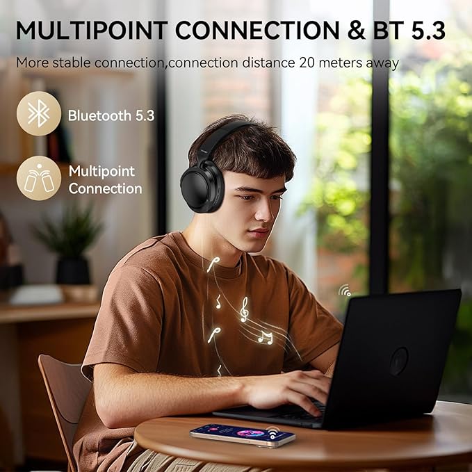 TECKNET Noise Cancelling Headphones Wireless & Wired, 70H Playtime Bluetooth Headphones Wireless Over Ear Built-in Mic, 3.5mm Cable Dual Connection Foldable Headset Comfort for Home Office Travel