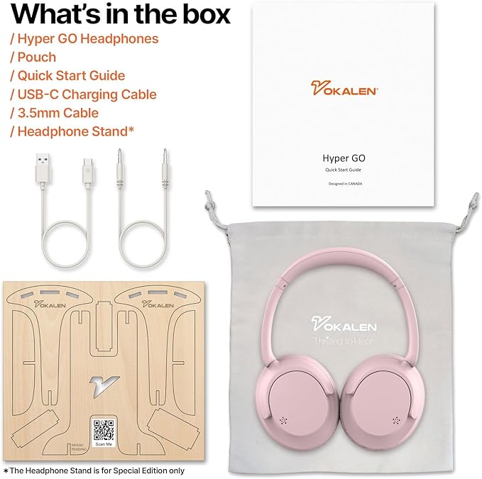 VOKALEN Hyper GO Wireless Over-Ear Noise Cancelling Headphones with Mic, 60H Playtime, Bluetooth Headset, Hi Res Audio, Deep360 Spatial Audio, Ultra-Lightweight for Travel, Work, Study (Pink)