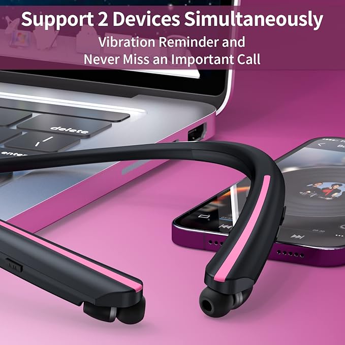 Bluetooth Retractable Headphones Wireless Neckband Headset with Sweatproof Stereo Earbuds for Running/Sports/Driving/Workouts (Black Pink)