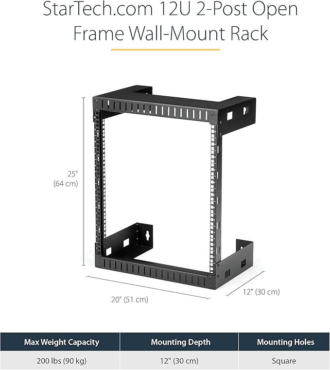 StarTech.com 2-Post 12U Heavy-Duty Wall-Mount Network Rack, 19" Open Frame Server Rack, 12" Deep, Wall Mount Data Rack for IT / AV / Patch Panel / Computer Equipment (RK12WALLO)
